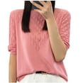 thumbnail image 1 of Olyvenn Women T-Shirt à Manches Courtes en Tricot de Soie Glacée Ajourée pour Femme, Coupe Ample, Col Rond, Chandail Tricoté, Haut, Rose, m, 1 of 3