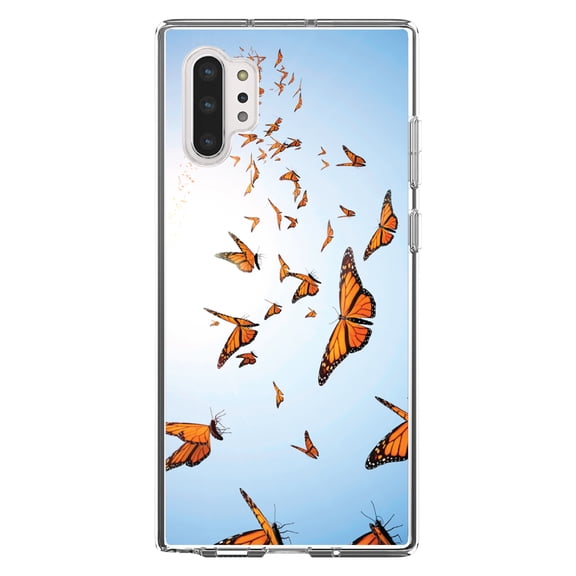 DistinctInk Clear Shockproof Hybrid Case for Galaxy Note 10 PLUS (6.8" Screen) - TPU Bumper, Acrylic Back, Tempered Glass Screen Protector - Flying Monarch Butterflies