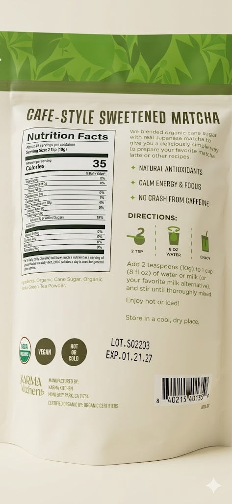 Karma Kitchen Organic Sweetened Matcha Green Tea Powder, USDA Organic, Japanese Matcha with Cane Sugar, Great for Lattes, Teas & Baking, 16 oz