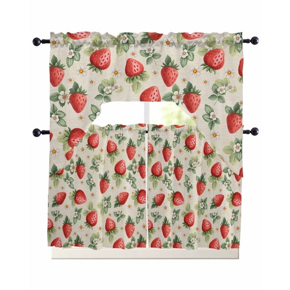 Red Strawberry Swag Kitchen Curtains Sets for Windows 24 Inch Length, Summer Fruits Farmhouse Leaves Floral Retro Short Window Curtain Panels Swags Valances and Tiers 3 Piece Set for Cafe/Dining Room