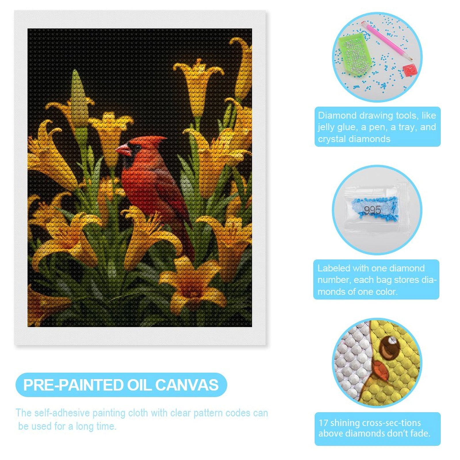 Diamond Art Kits for Adults, Cardinal Among Yellow Lilies 5D Diamond Painting Kits for Adults Beginners, DIY Full Drill Diamond Painting, Gem Art and Crafts 12x16