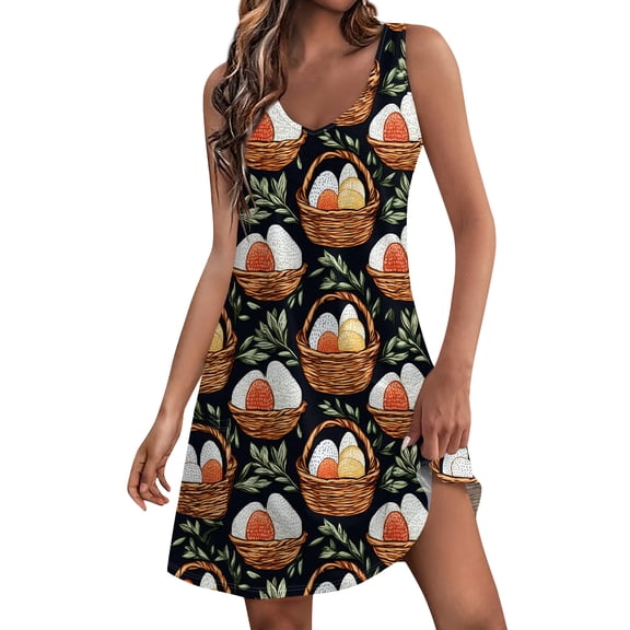 HOXZODT Womens Easter Bunny Dress Sleeveless V-Neck Casual A-Line Spring Summer Dress for Women Holiday Easter Outfit 2026, Army Green, L