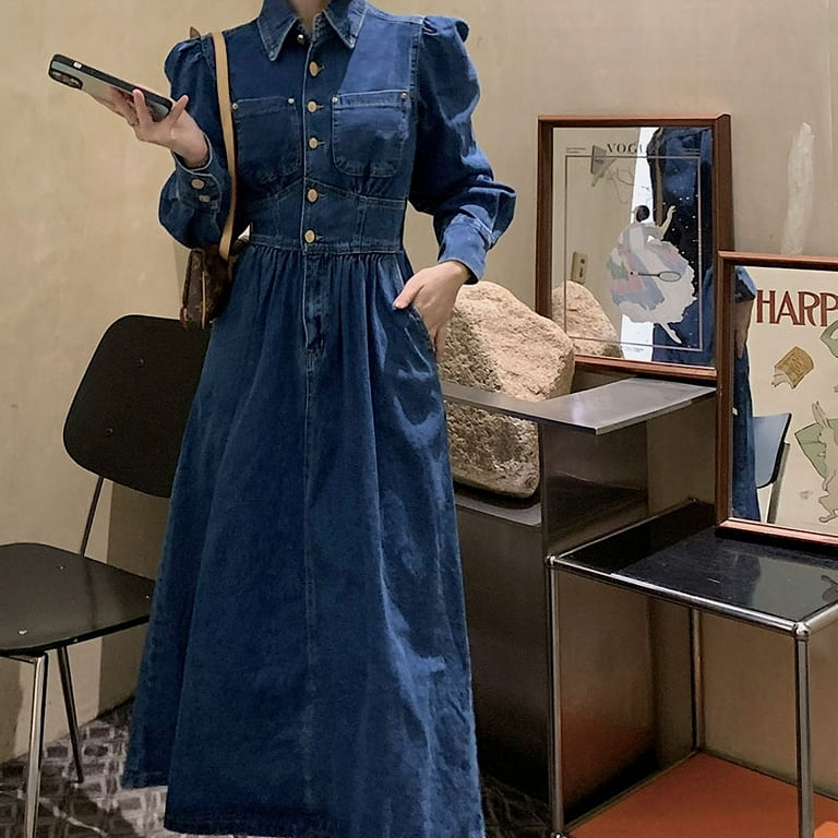 Retro Waist Single Breasted Denim Dress Women's Fashion Turn