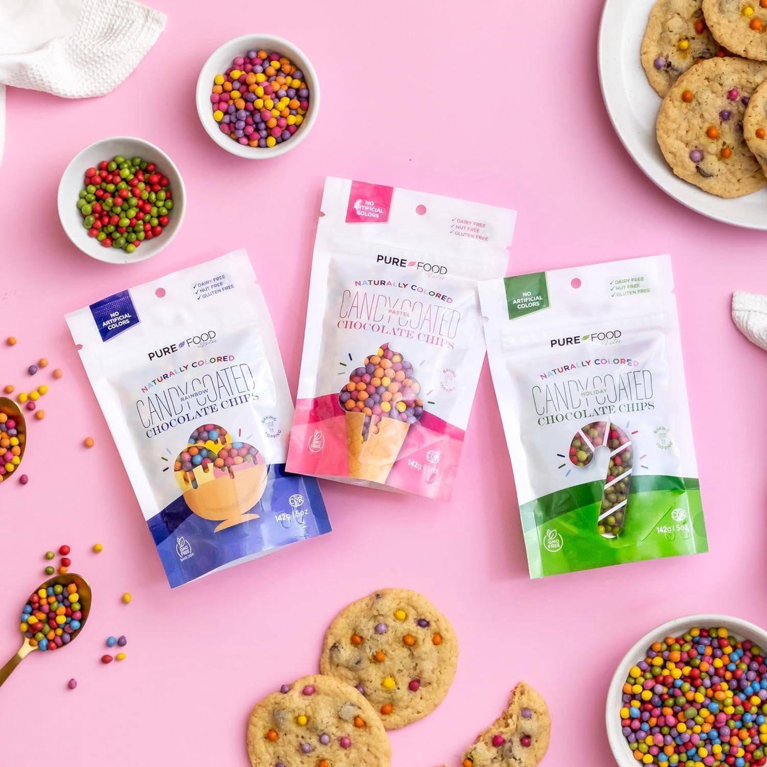 Pure Food By Estee Pastel Rainbow Candy Coated Chocolate Chips, 5oz | Cosmic Brownie Sprinkles | Vegan Chocolate | Natural Rainbow Chips Sprinkles | Mini Colored Chocolate Chips for Baking