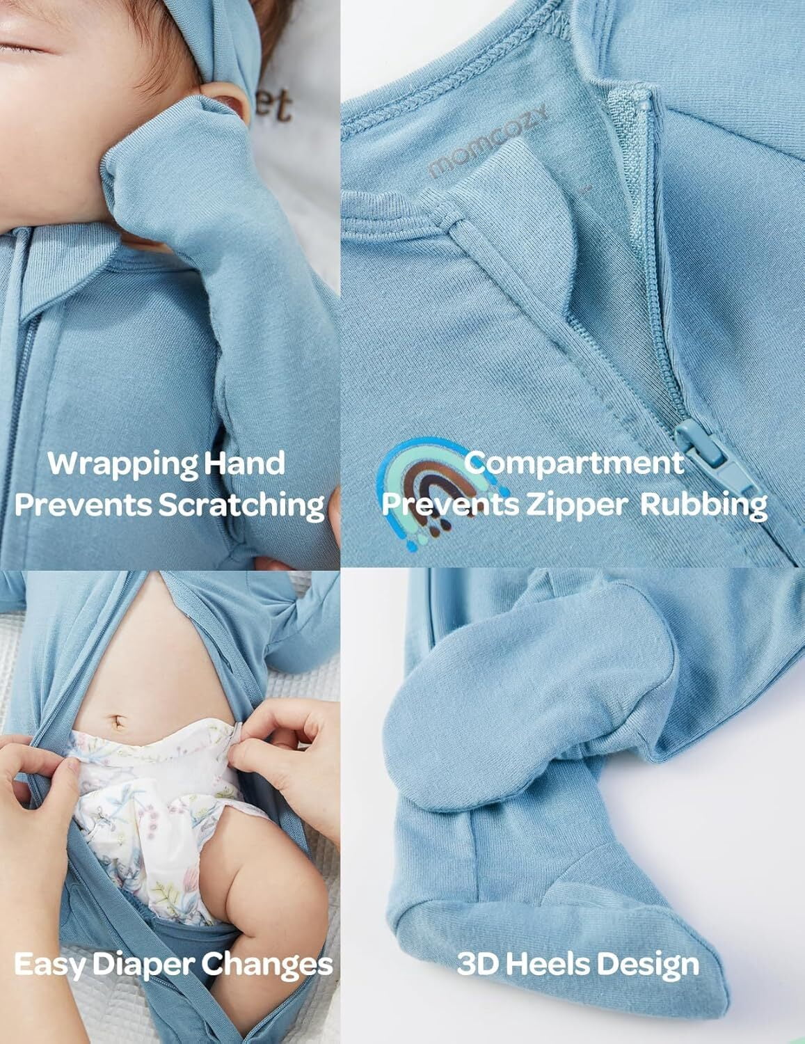 Momcozy Bamboo Fiber Baby Bodysuit 2-Piece Set,No Feet Covered BP002 12-18 Months Blue + Gray