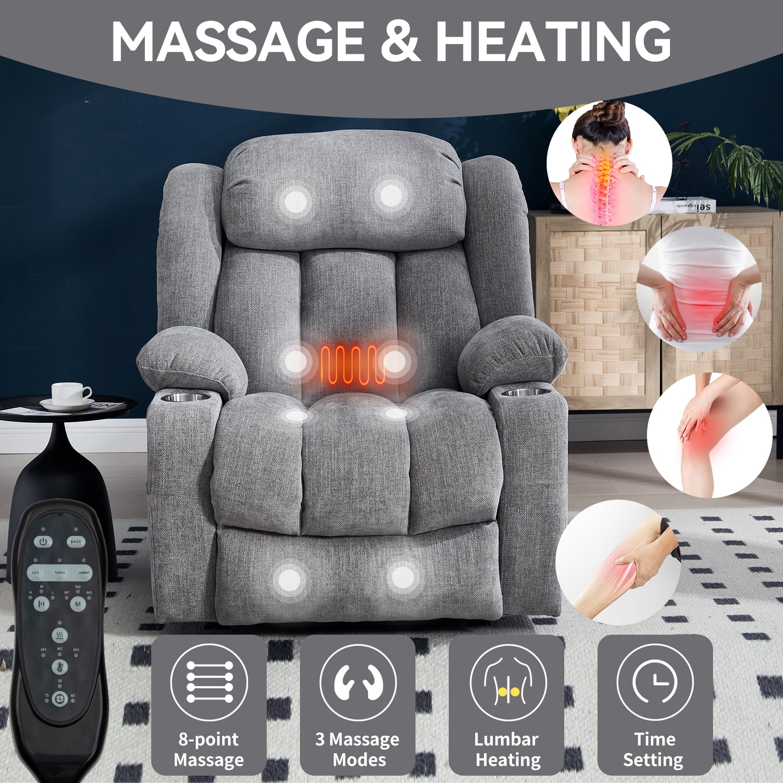 Alvantor Large Power Lift Recliner Chair for Elderly with Massage and Heat Chenille Electric Recliners Chair with USB Ports & Cup Holders for Living Room Grey