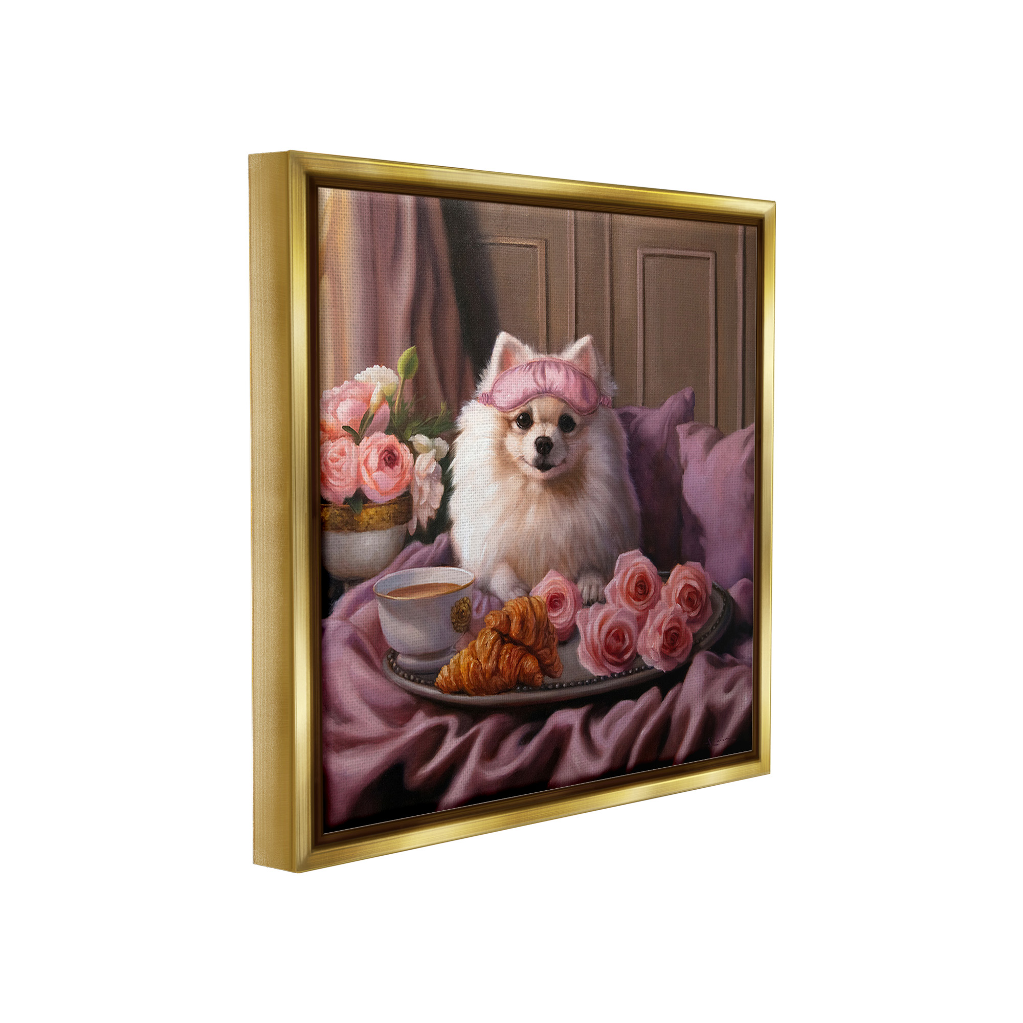 Stupell Industries Breakfast in Bed Dog Animals & Insects Painting Gold Floater Framed Canvas Art Print Wall Art, 18 x 18