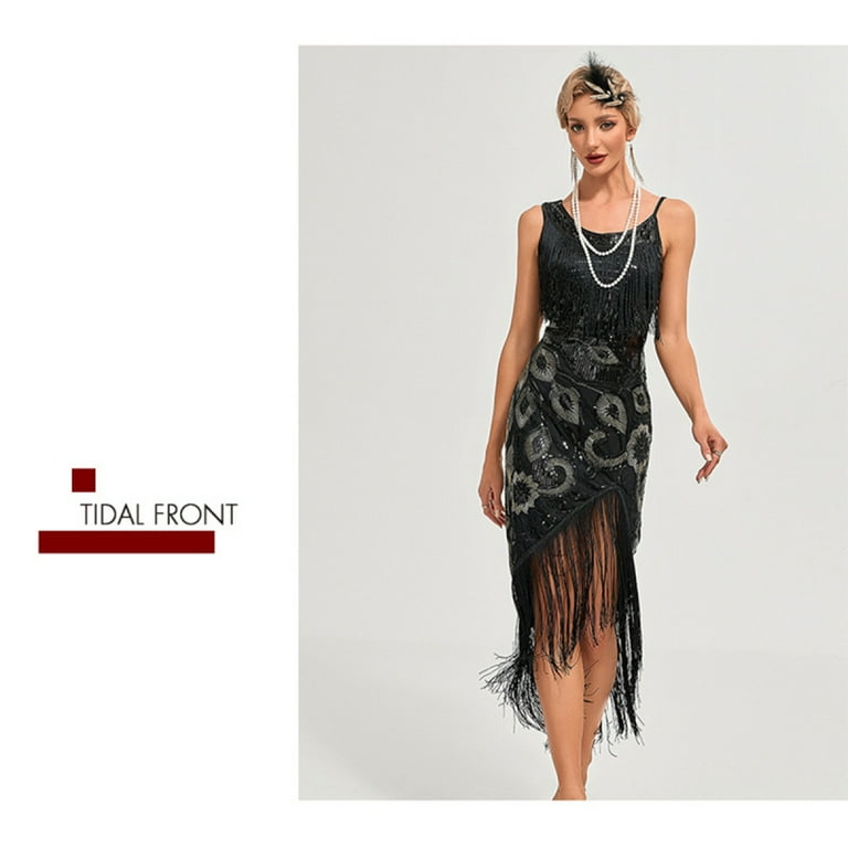 Vintage Great Gatsby Party Flapper Dress Sleeveless Sequins Tassel Dresses  Cocktail Prom Size XS-3XL Long Skirt,Black,XXXL - Walmart.com