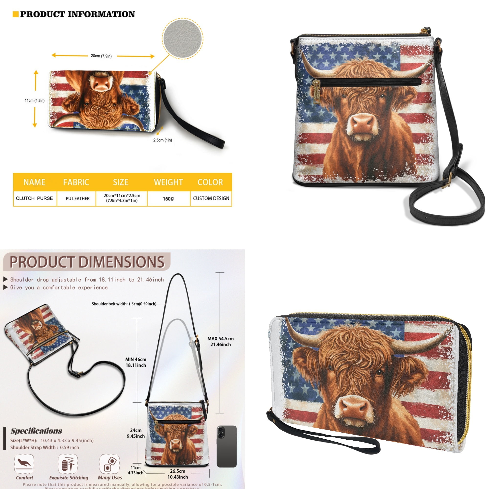ZUXONGSY American Flag Highland Cow Print Women's PU Leather Crossbody Bag and Wallet Set, Trendy Multi-Pocket Hobo Purse with Adjustable Strap for Work & Travel