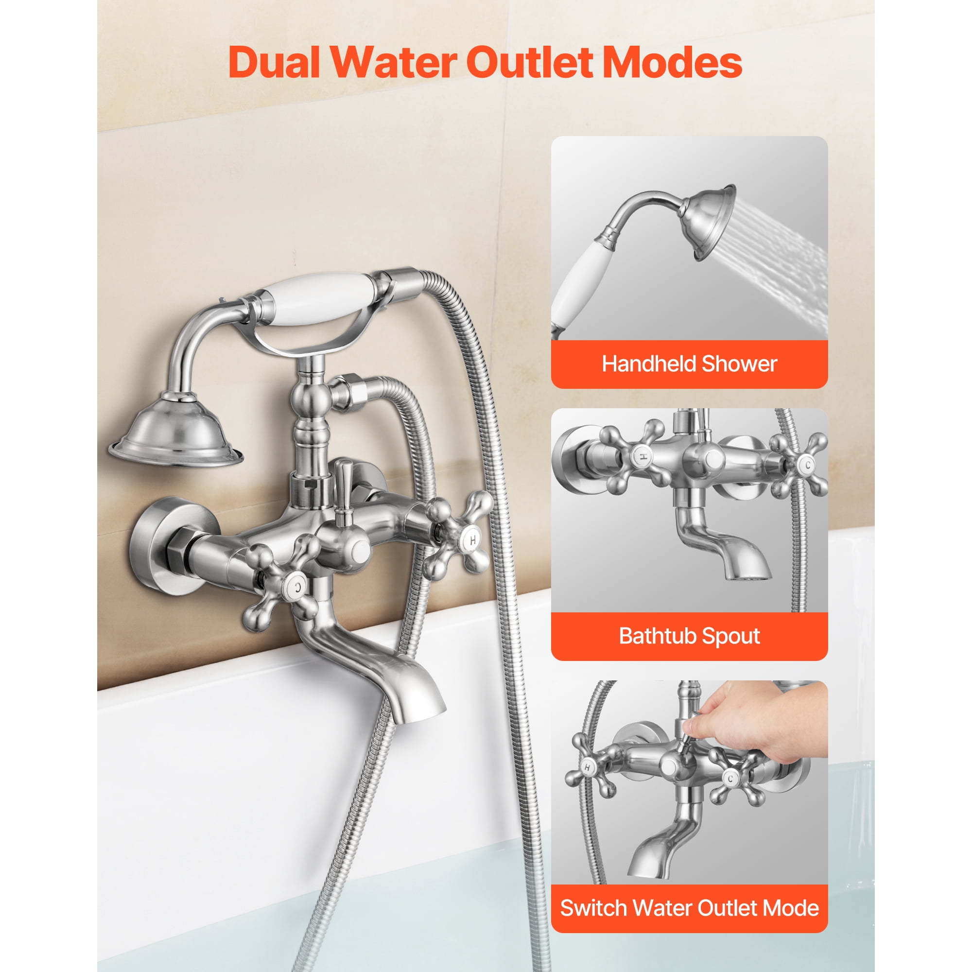 KFFKFF Wall-Mount Clawfoot Tub Faucet with Handheld Shower, Brushed Nickel Finish, Vintage-Style Bathtub Filler with Adjustable Swing Arms and 360° Rotating Spout