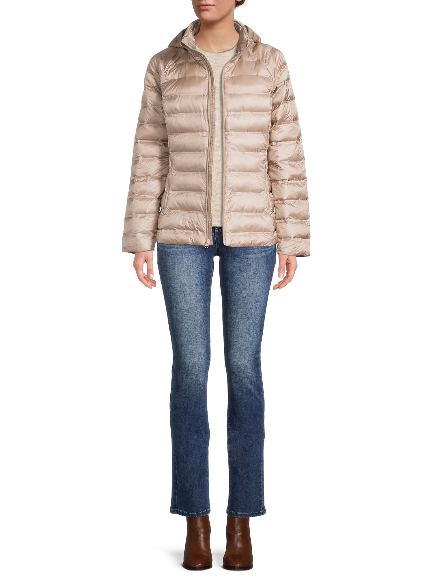 Time and Tru Women's and Plus Packable Stretch Zip Up Puffer Jacket