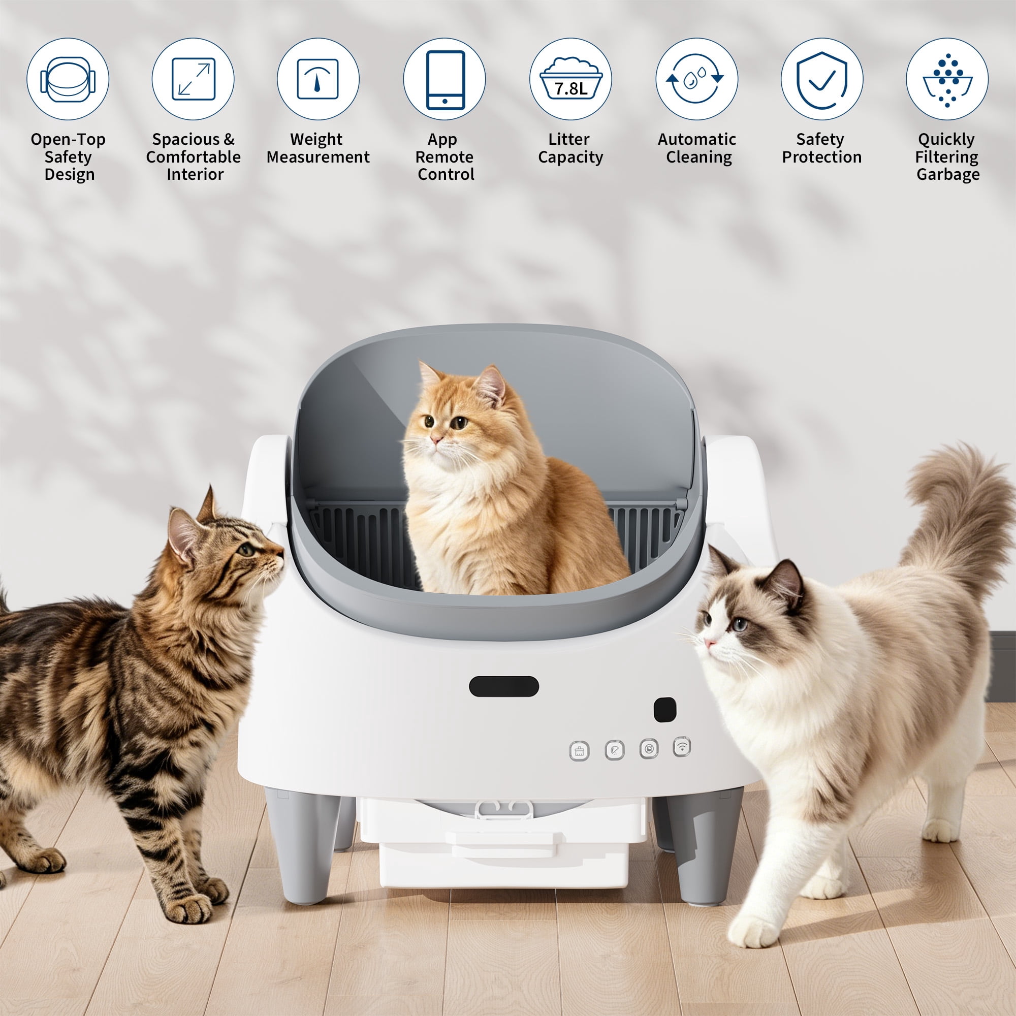Wisykoke Self Cleaning Litter Box, Open Top Automatic Cat Litter Box with App Control, Electric Cat Litters Box Adjustable Entrance Height, Multi-Sensor Safety Protection