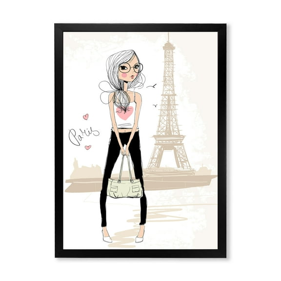 Designart 'Cute Girl By The Tour Paris Eiffel Tower' Children's Art Framed Art Print