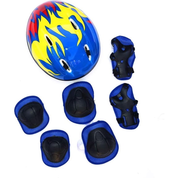 Kids Protective Gear Set, 7 Pcs Hard Shell Helmet Knee Pads Elbow Pads Wrist Guards for Skateboarding Cycling Roller Skating Ages 4-6 (7Pcs, Blue)