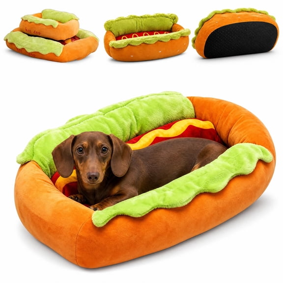 Hot Dog Dog Bed, Detachable and Washable Hot Dog Bed for Dachshund, Soft Plush Pet Bed with Non-Slip Bottom, Cozy Indoor Nest for Cats and Dogs