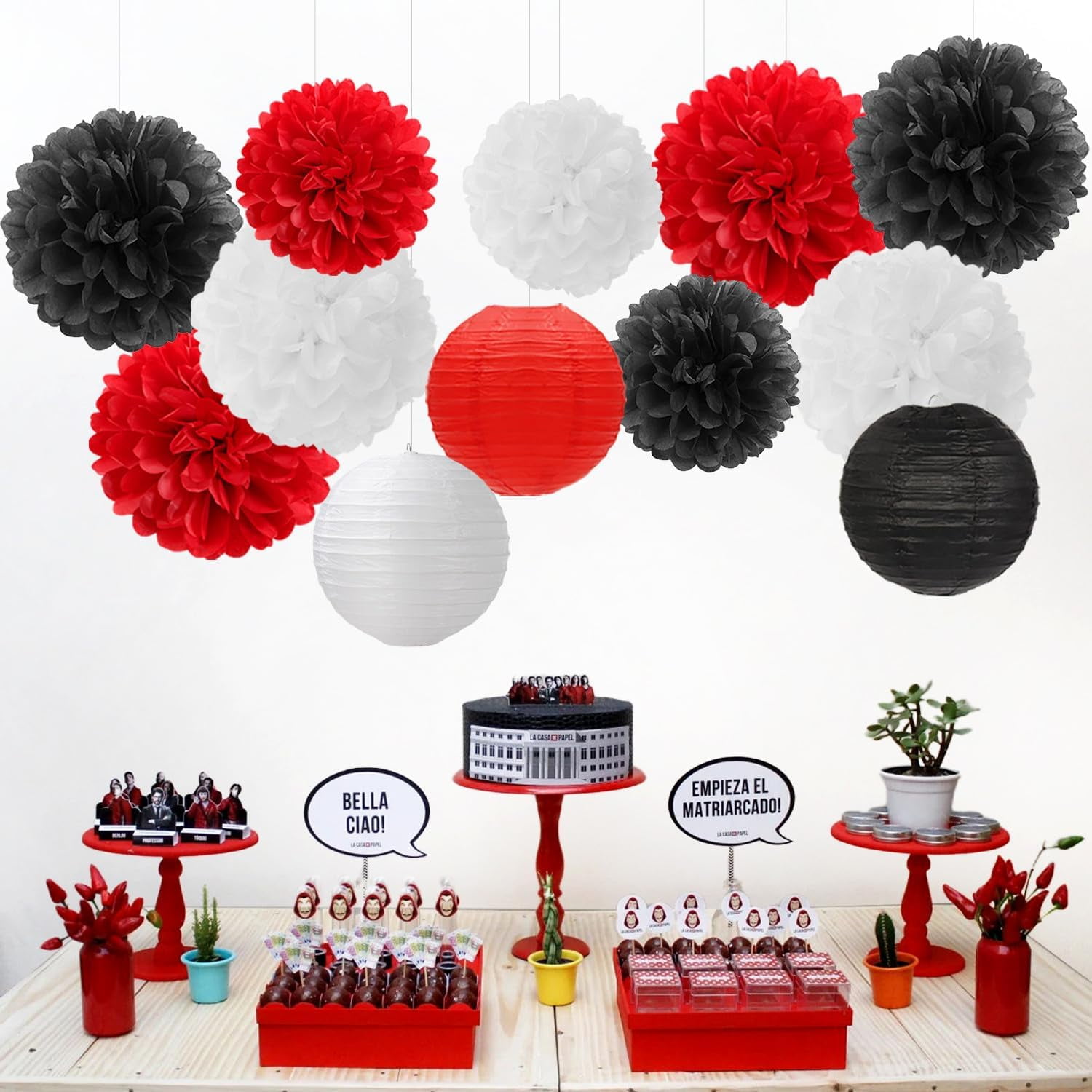 Red-Black White Party-Decorations Paper Flowers Lanterns - 15PCS Halloween Birthday Tissue Pom Poms Streamers,Wedding Baby Bridal Shower Hanging Supplies Decor