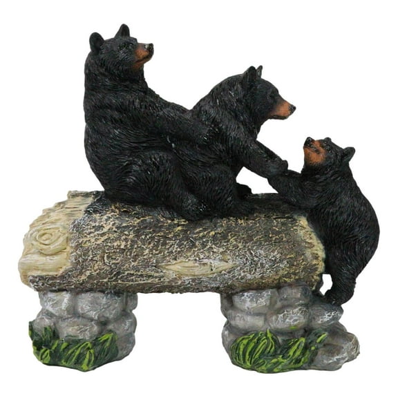 Forest Teamwork Black Bears And Cub Family Crossing Tree Log Bridge Figurine