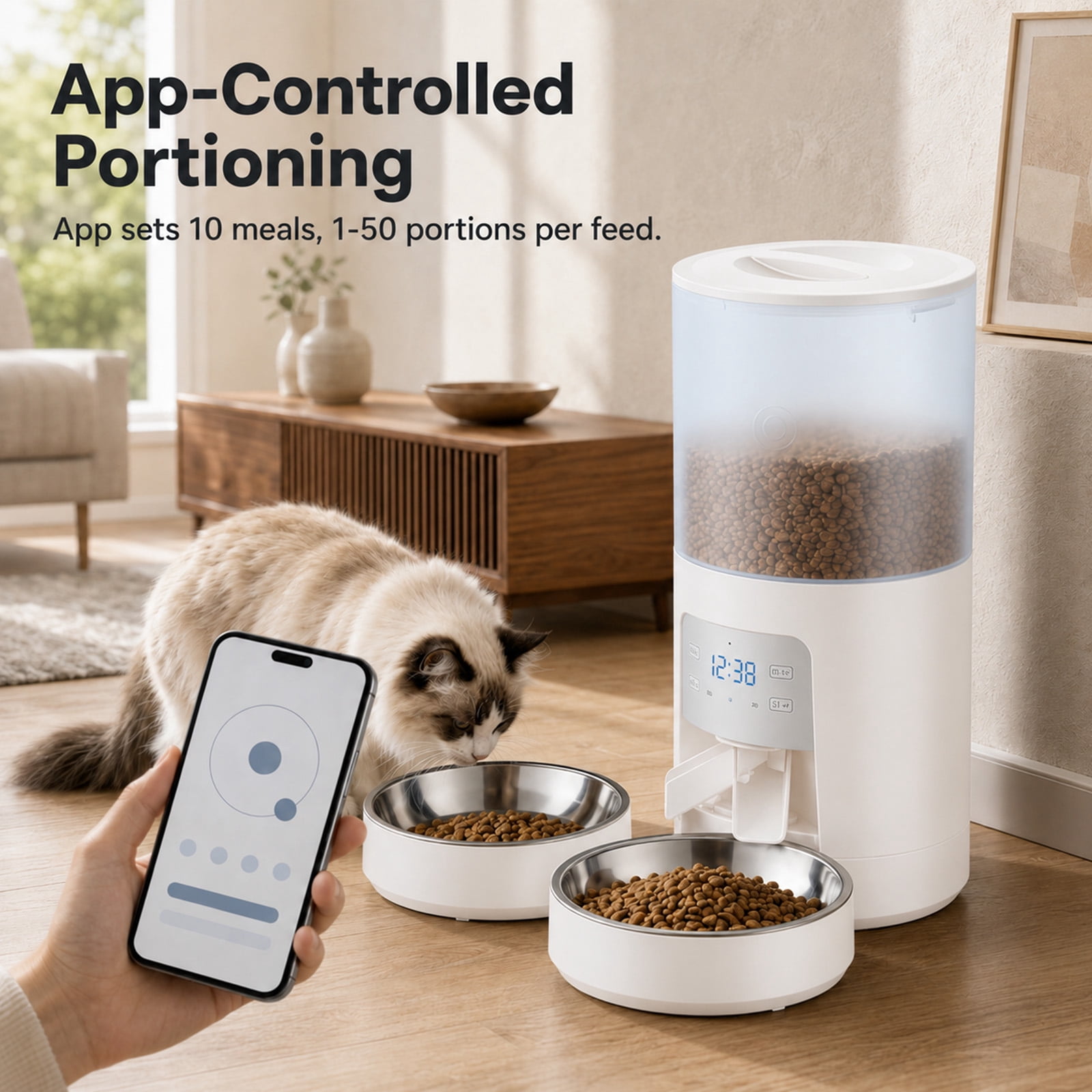 Alvantor 6L Automatic Cat Feeder, imed Cat Food Dispenser with 2 Stainless Bowls, Supply 10S Voice Recorder, Dual Power, Dual Pet Feeder for Cats and Dogs