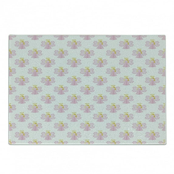 Angel Cutting Board, Angels Wing Girl with Halo Surreal Cartoon, Decorative Tempered Glass Cutting and Serving Board, Small Size, Earth Yellow Pale Pink, by Ambesonne