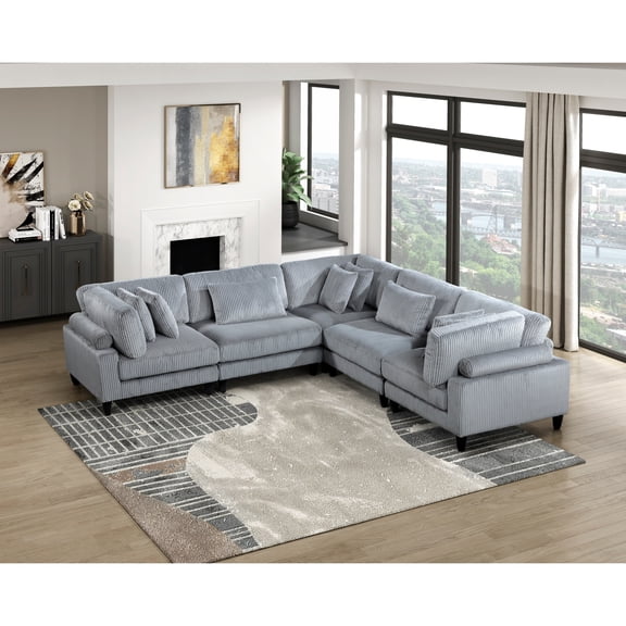 Miekor Furniture 5pc Modular Sectional Set Gray Corduroy Upholstery 2x Armless Chairs 3x Corner Seats Soft Pillows Living Room Furniture 01047