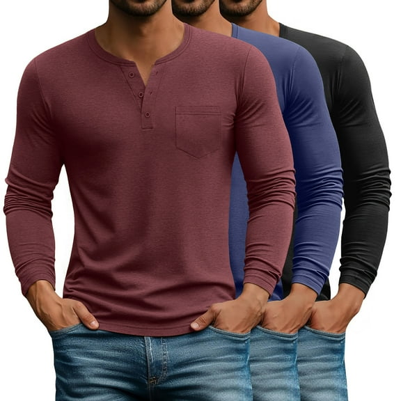 GENTS BLISS 3 Pack Henley Men Shirts Long Sleeve Plain T Shirts for Men Casual Men Tee with Pocket