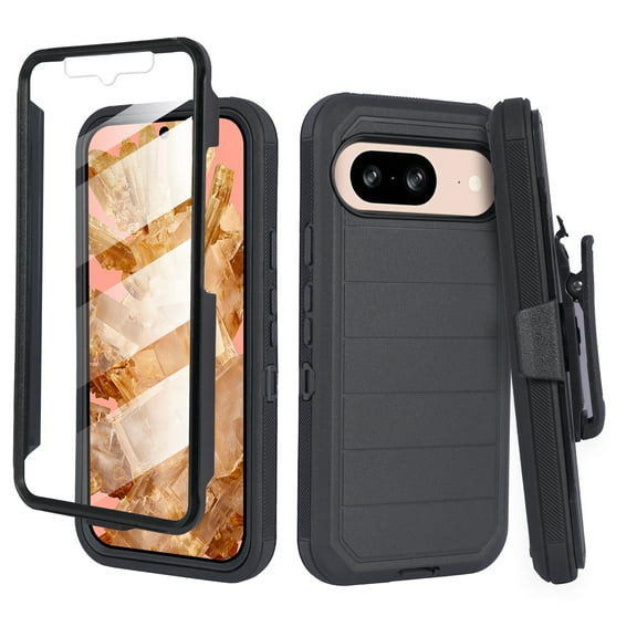 For Google Pixel 9 6.3 inch Screen Case with Belt Clip, Slim Full Protection Hybrid Defender Case & Rotating Belt Clip Holster with Built in Kickstand Pro Black
