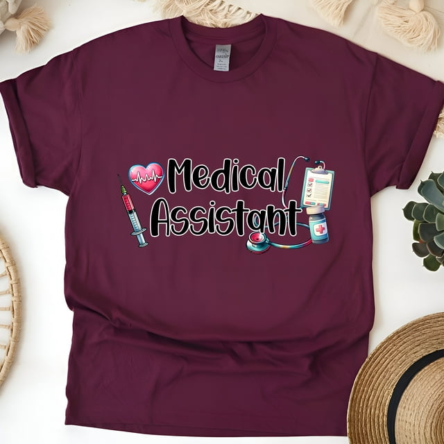 Medical Assistant Shirt | Stethoscope Syringe Healthcare Tee, Maroon, Size S