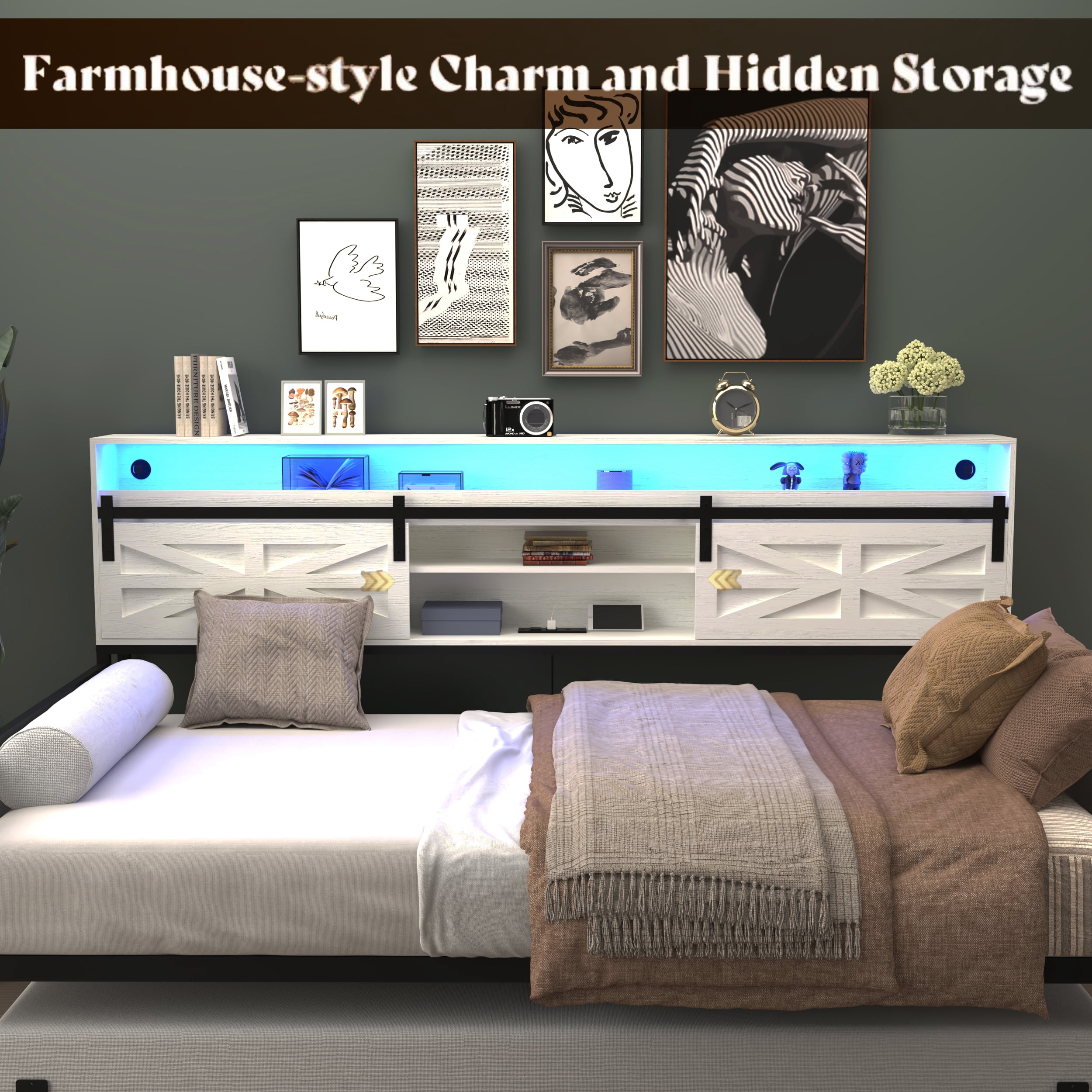 Mintazer Farmhouse Twin Bed Frame with Trundle & RGB LED Headboard, Platform Daybed with Sliding Barn Door Storage for Bedroom & Living Room, White