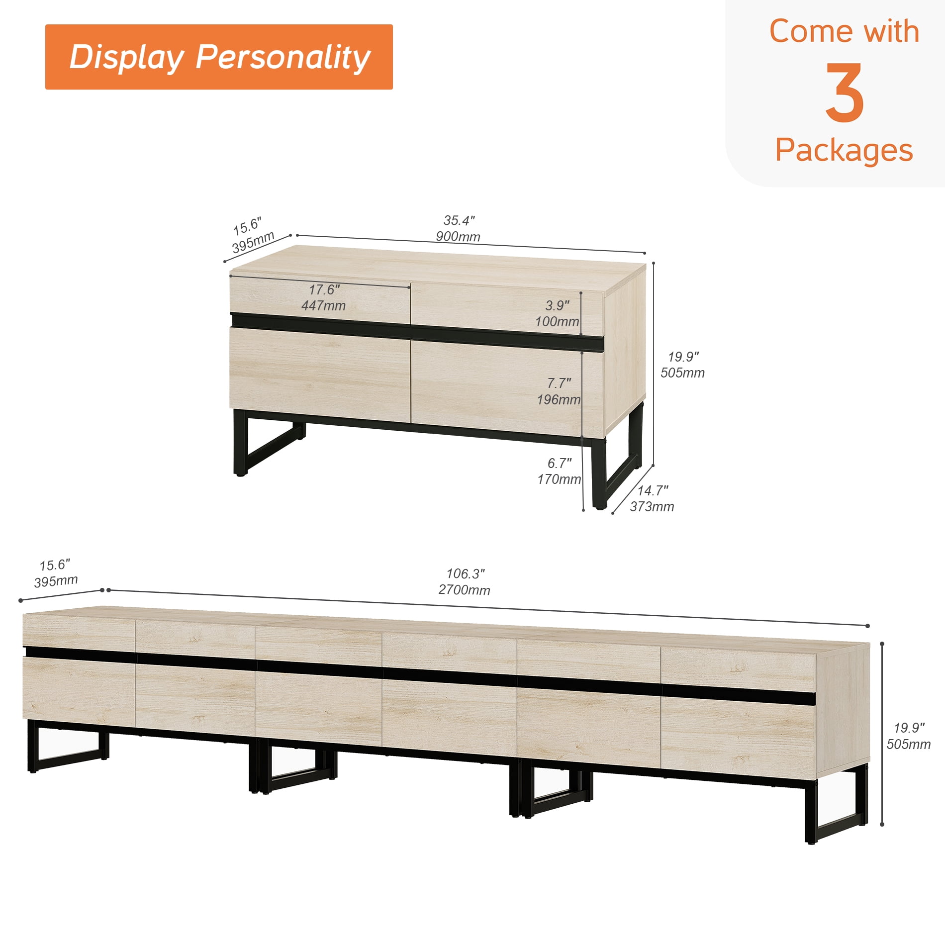 Modern TV Stand for TVs up to 110 inch, 3 in 1 Entertainment Center TV Console with Storage Cabinets and Metal Base,Media Console for Living Room