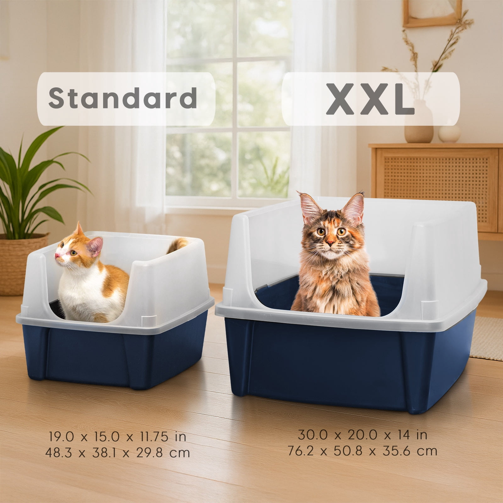 IRIS Extra Large Open Top Cat Litter Box with Scatter Shield, Sturdy Open Air Kitty Litter Pan with Tall Spray, Navy