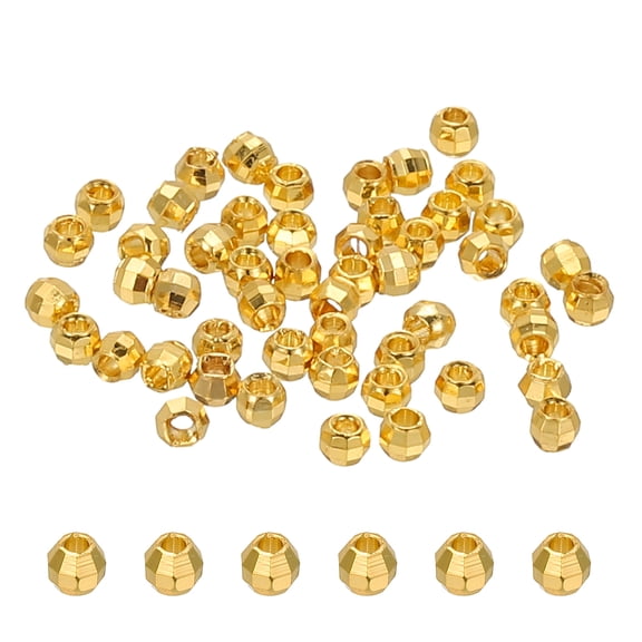 Uxcell 3mm Filled Spacer Beads, 50Pcs Metal Smooth Faceted Round Ball Beads for Bracelet Jewelry Making Necklace DIY, 18K Gold