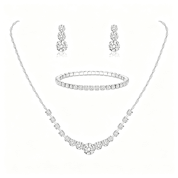 DESIGNICE Silver Plated Jewelry Set for Women Rhinestone Crystal Necklace Drop Earrings Link Bangle Bracelet Bridal Wedding Jewelry Sets