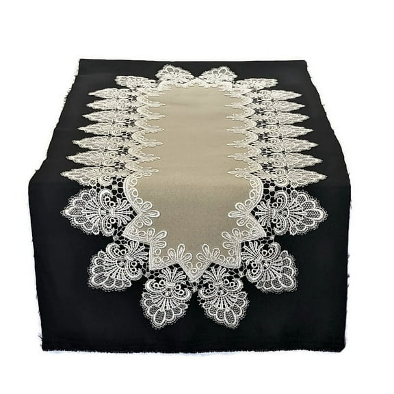Doily Boutique Table Runner in Venetian Lace and Light Brown Burlap Linen Style Fabric Handmade Size 60 x 16 inches