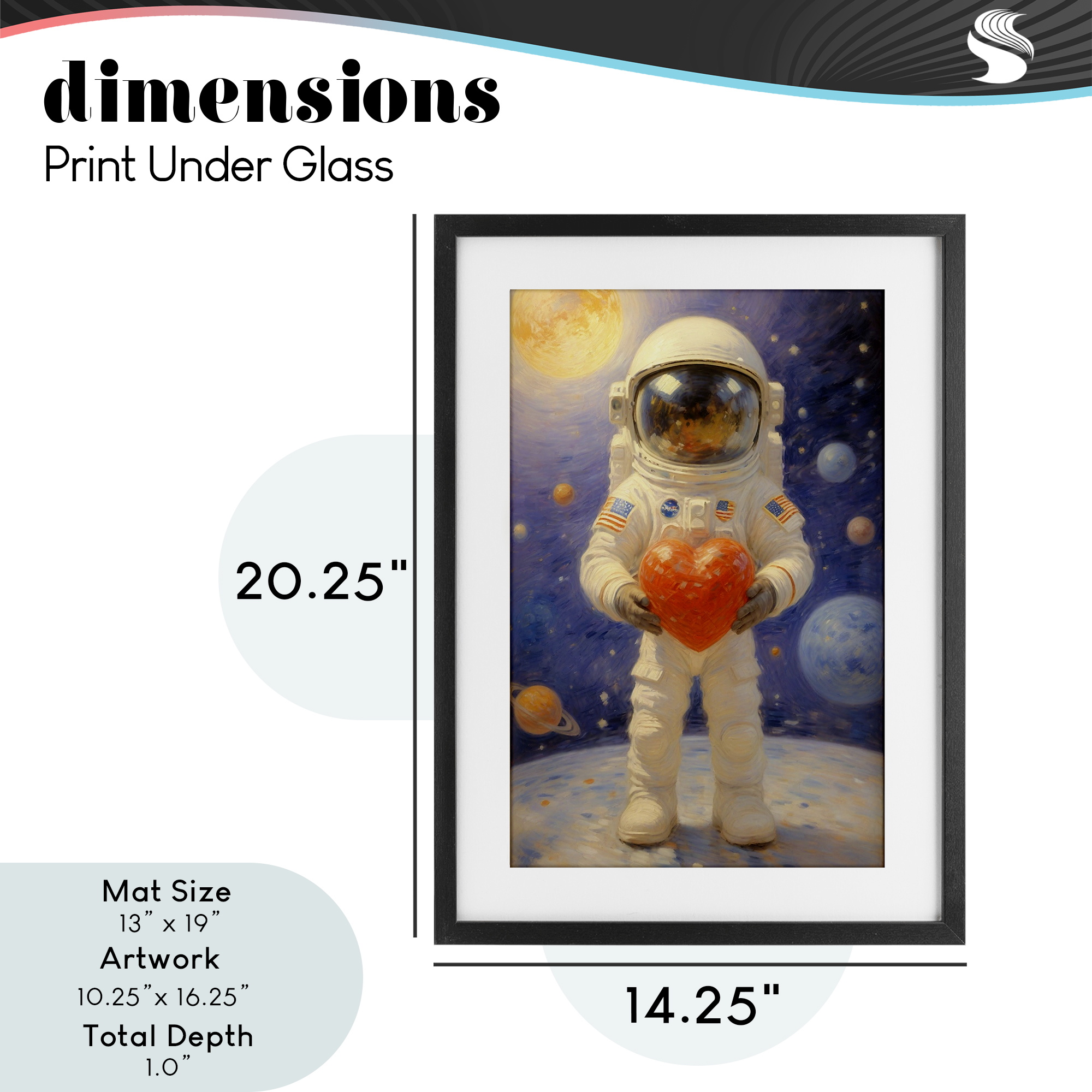 Astronaut Holding Heart Black Framed Print Under Glass, design by Angie Hawke