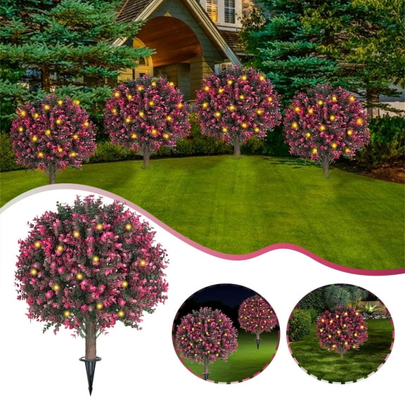 Outdoor Artificial Boxwood Topiary with Lights - 22" UV Resistant Rose & Greenery Shrubs with Ground Spike for Porch, Garden & Patio Decor