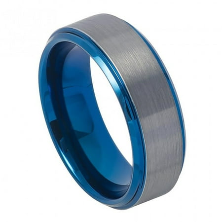 8mm Tungsten Blue IP Plated Beveled Edge & Gun Metal Brushed Finish Wedding Band Ring For Men Or