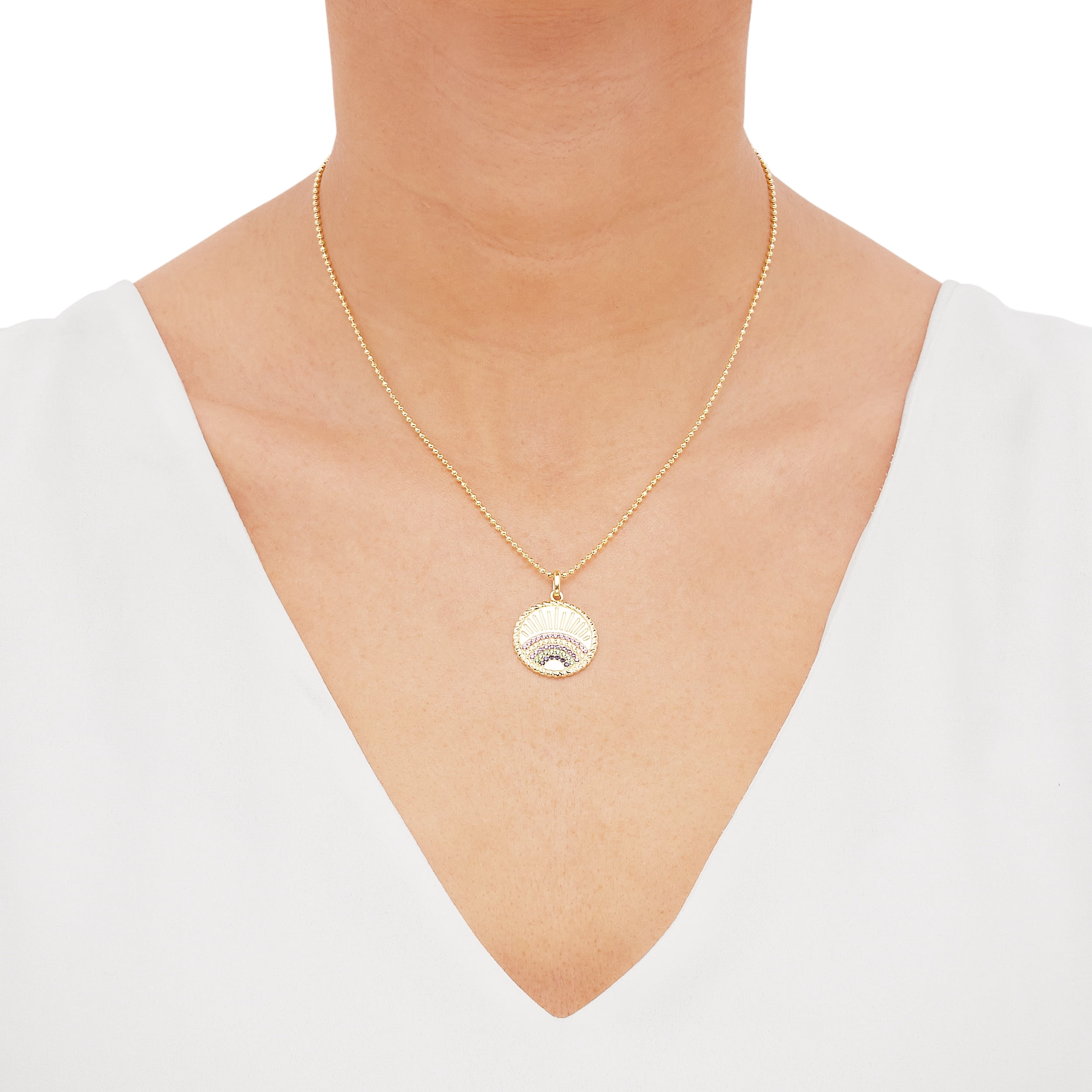 Brilliance Fine Jewelry Rainbow Center Disk Pendant in Sterling Silver and 14K Gold Plate,20"