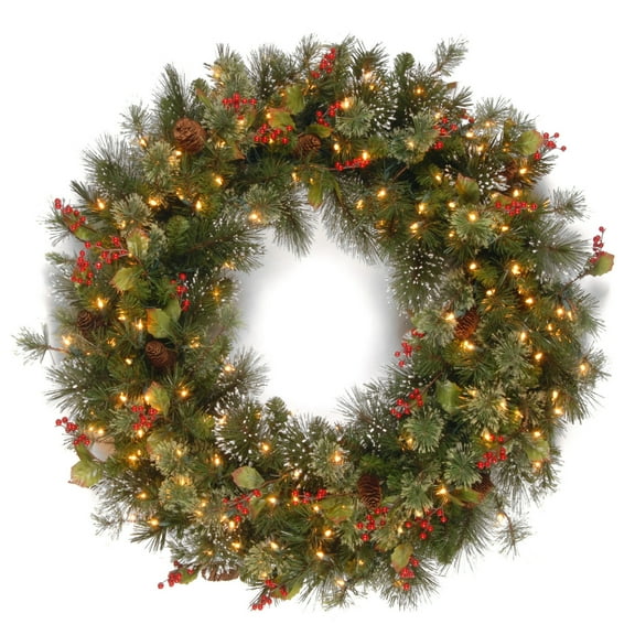 National Tree Company Pre-Lit Artificial Christmas Wreath, Green, Wintry Pine®, Clear Lights, Decorated with Pine Cones, Berry Clusters, Frosted Branches, 48 Inches