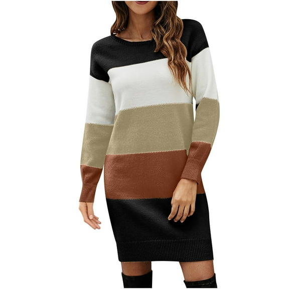 Aoochasliy Womens Sweaters Clearance Pullover Long Sleeves Crew Neck Color Matching Tops Blouse Knitted