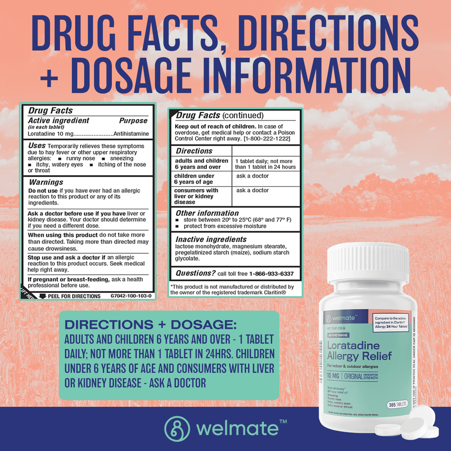 (2 pack) WELMATE Allergy Medicine, Loratadine 10mg, 24HR Allergy Relief, 365 Tablets, Compare to Claritin®