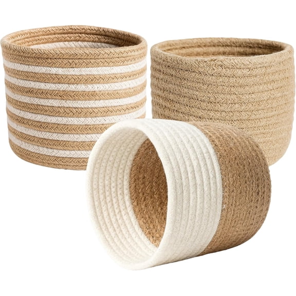 Round Jute Cotton Rope Woven Plant Baskets – Pack of 3 Floor Indoor Planters, Flower Pot Storage Baskets & Rustic Home Décor Containers