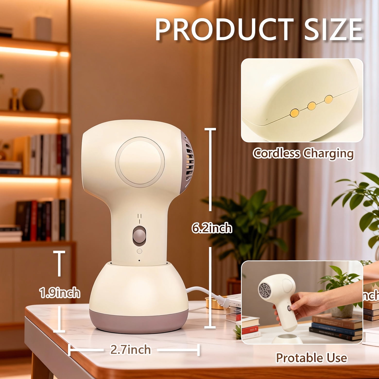 LepiBat Gems Cordless Hair Dryer for Kids, Portable Low Heat Gentle Airflow Quiet Mini Blow Dryer with Charging Base, USB Rechargeable Home Travel Hair Dryer for Body Hair Delicate Skin (Khaki Gray)