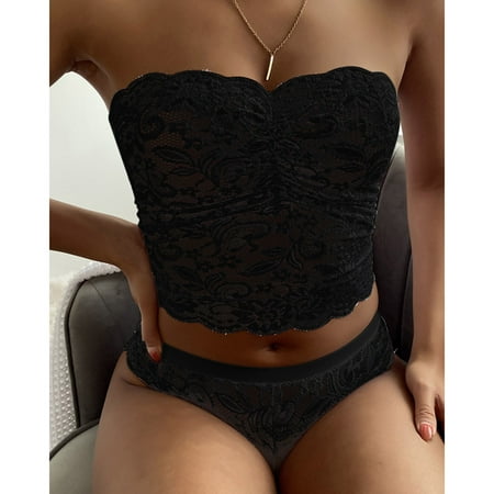 

Women Sexy Strapless Wrapped Chest Lace Lingerie Set Push Up Underwear