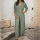 thumbnail image 2 of Conjunto de dos piezas de gasa para mujer talla grande: top de cuello en V y manga larga + pantalones, traje de playa, diseño con abertura, para primavera-verano, 2 of 8