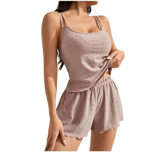Women Sexy Eyelet 2 Piece Pajama Set Sleeveless Sheer Crop Cami Top and Shorts Pj Set Y2K Sleepwear Lounge Outfits