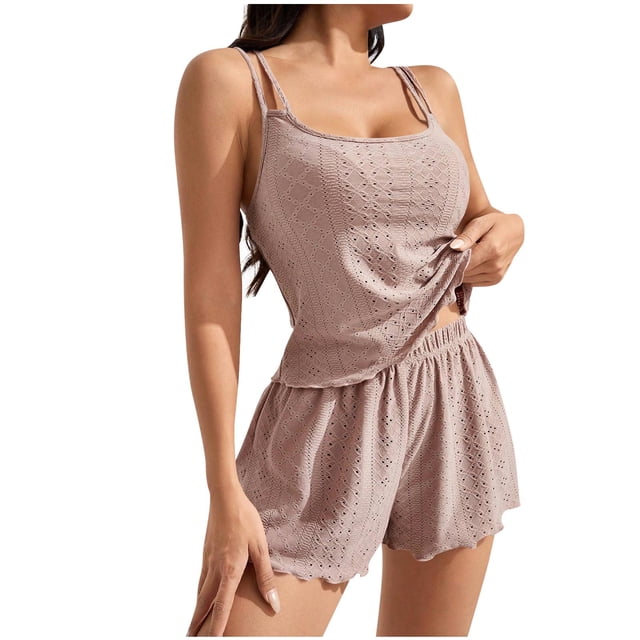 WRKEKC Ensemble de Pyjama pour Femme Couleur Unie Extensible Col Ras du Cou Style Court Camisole et Short Ensemble de Nuit pour Femmes Élégant Confortable Option de Tenue de Détente