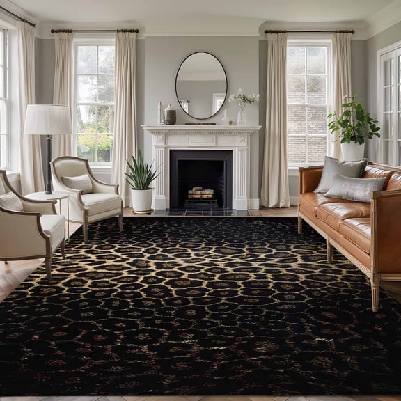 Area Rug for Living Room, Leopard Print Non-Slip Indoor Large Carpet for Bedroom/Dining Room, Chic Abstract Black Brown Animals Texture Washable Low-Profile Rectangle Floor Runner Rugs - 6 x 9 Ft