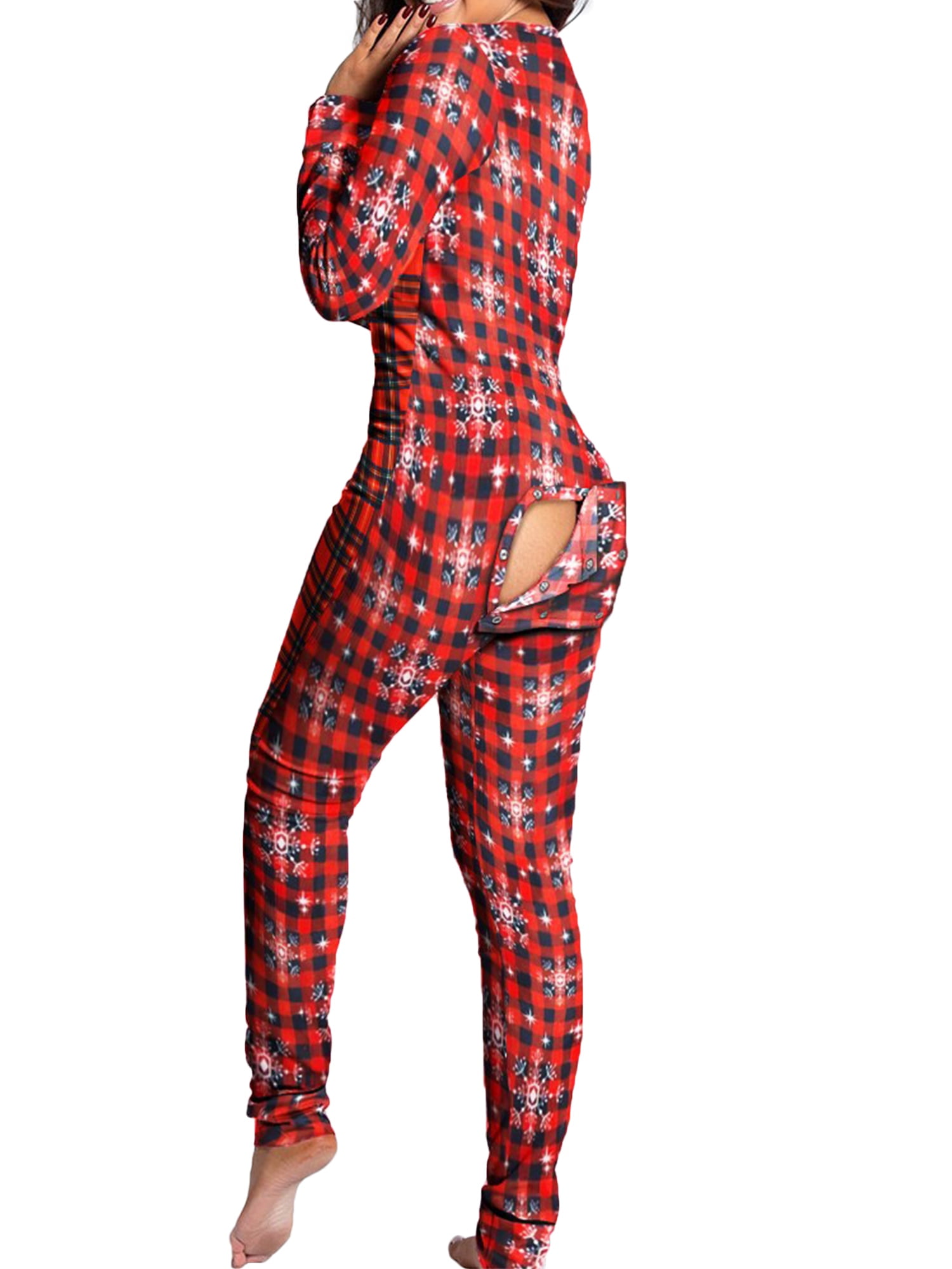 Grianlook Ladies Bodycon Pajamas Button Back Flap Jumpsuit Long Sleeve