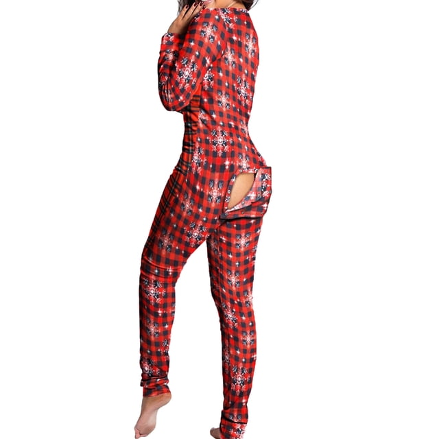 Fashnice Combinaison pour Femmes Col en V Pyjama Moulant à Rabat Boutonné Confortable pour les Vacances Flocon de Neige Carré TG