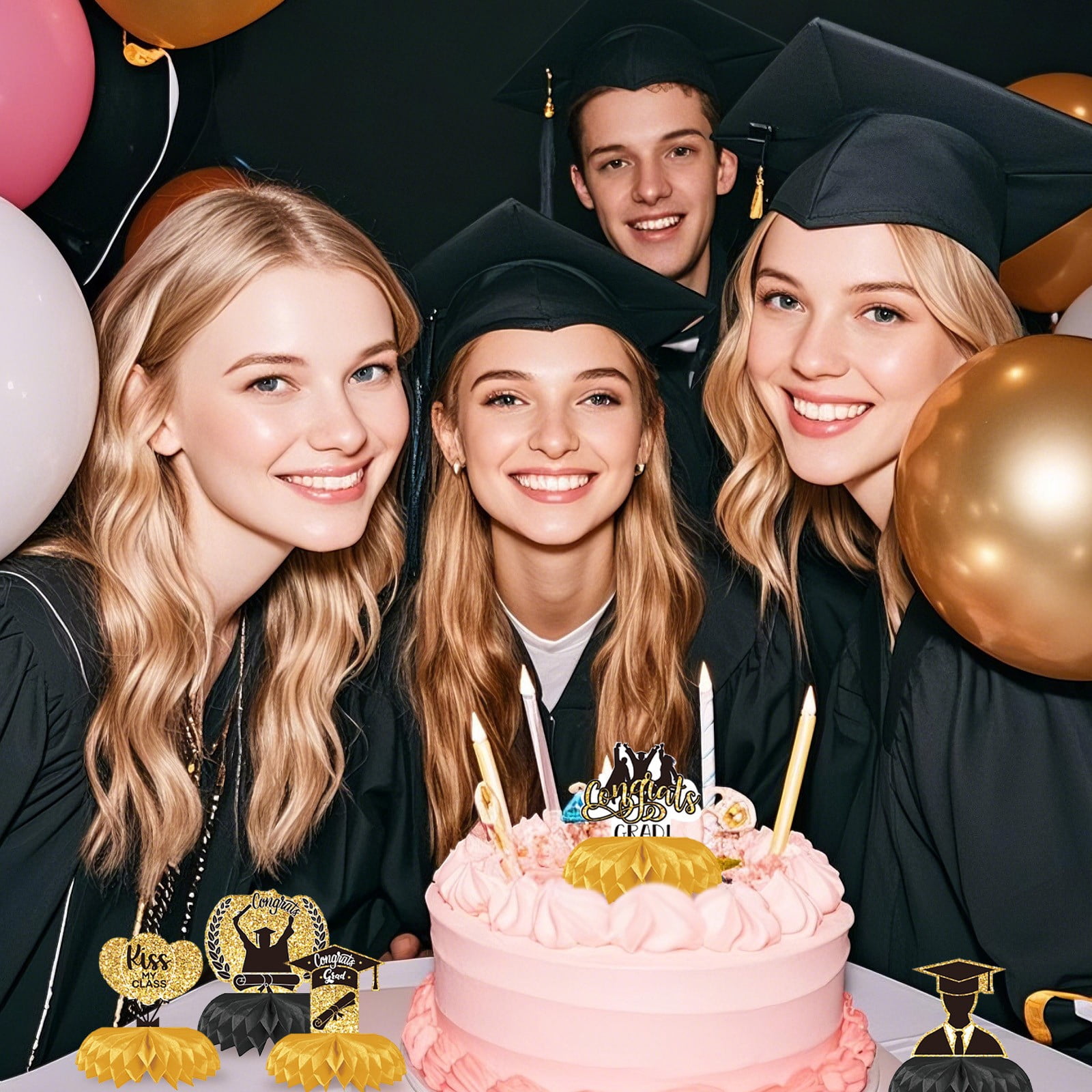 ERTZAE Graduation Table Centerpieces,Grad Table Toppers,Grad Honeycomb Decor,Congrats Grad Table Decor,9PC Black & Gold Graduation Honeycomb Centerpieces 6x4.7Inch,Class of 2026 Table Decorations